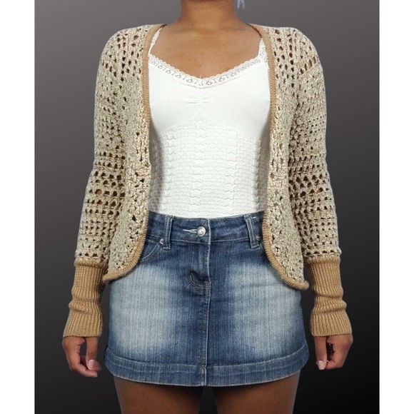 Vera Wang Crochet Beige Open Front Cardigan Knit Ribbed Wrist XL NEW! - Picture 1 of 7